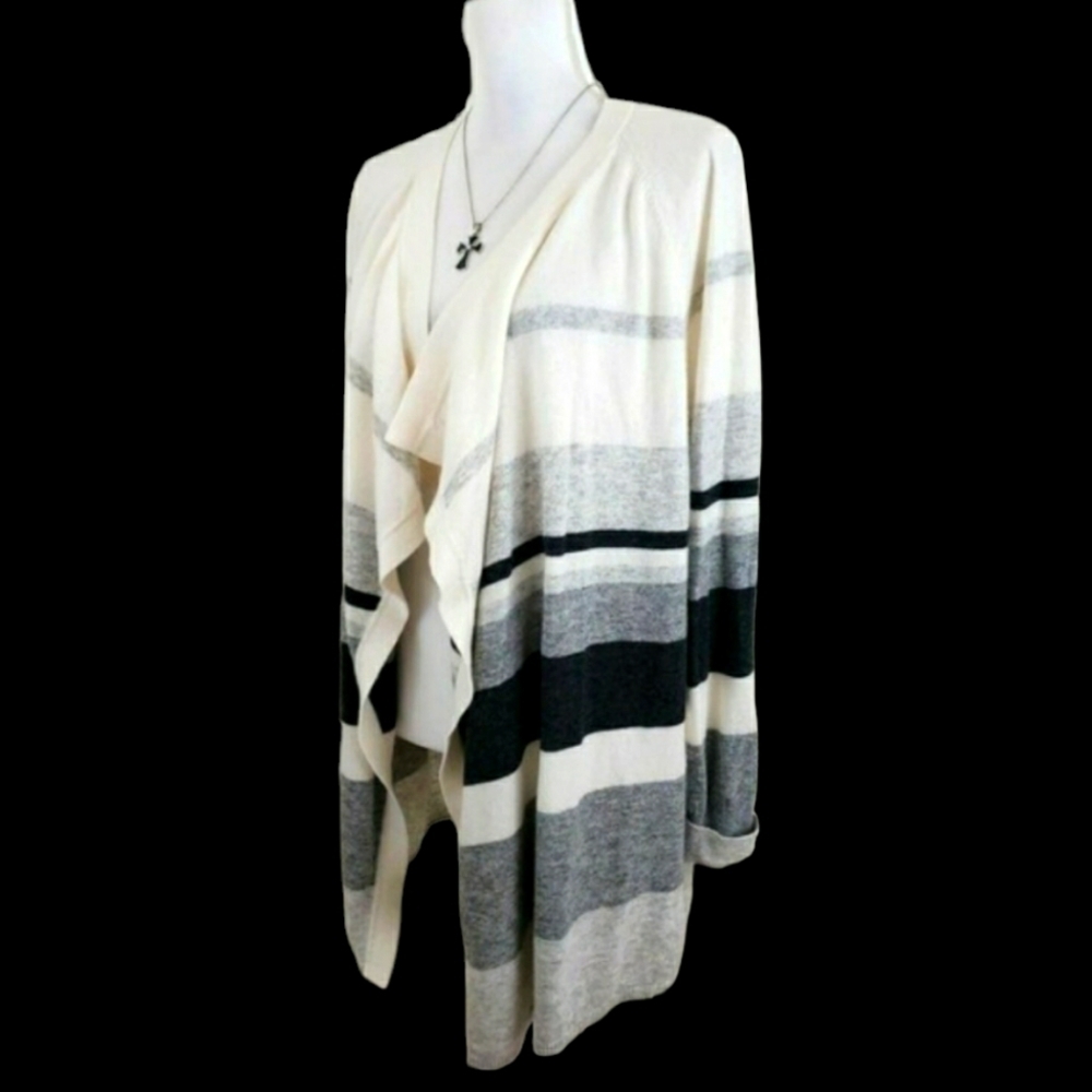 LOFT ~Woman Size L~ White/Gray Striped Waterfall Open Front Cardigan Wool Blend.